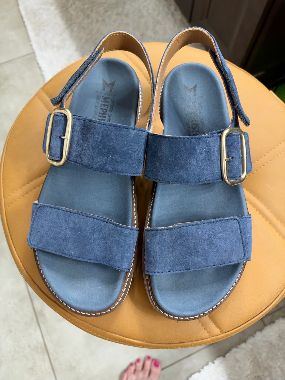 Mephisto Blue Suede Adjustable Strap Sandals